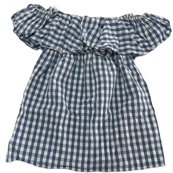 MISA Los Angelos Dress Womens Small Blue Belu Gingham Off‎ Shoulder Mini Linen - Picture 2 of 8